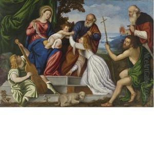 Sposalizio Mistico Di Santa 
Caterina Coi Santi Giuseppe, Giovanni Battista E Antonio Abate Oil Painting by Polidoro Lanzani (see Polidoro Da Lanciano)