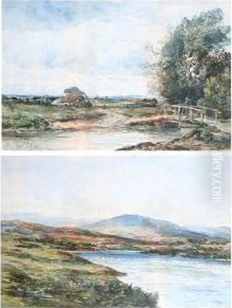 An Angler On A Bridge With A 
Cottage Beyond; A View Of A Lake With Mountains In The Distance Oil Painting by Albert Pollitt
