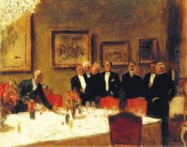 Members Of The Feszek Club (from
 The Left: Istvan Csok, Oszkarglatz, Adolf Fenyes, Falus, Zador, 
Zsigmond Kisfaludi Strobl, Tiborpolya, Bela Ivanyi Grunwald) Oil Painting by Tibor Polya