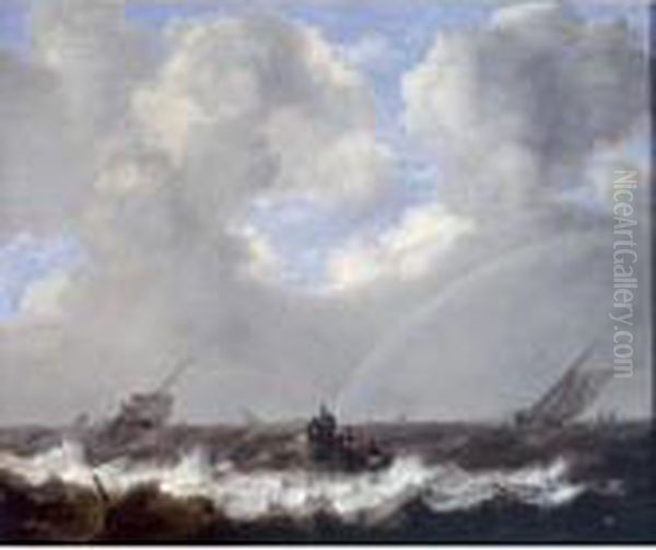 A Seascape With Fishermen In A 
Rowboat And Other Sailing Vessels In A Choppy Sea, A Rainbow On The 
Horizon Oil Painting by Jan Porcellis