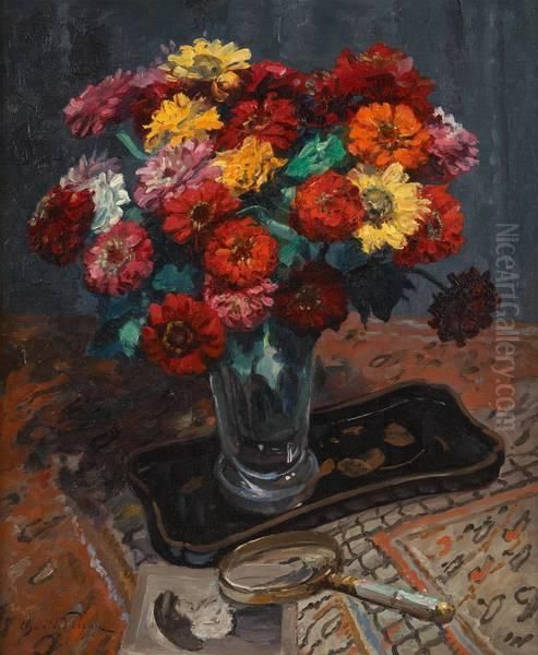Zinias Oil Painting by Oswald Poreau