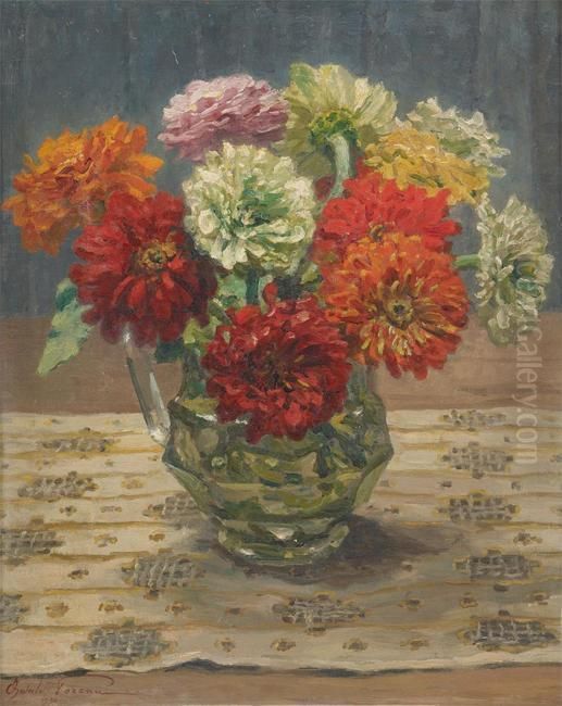 Vase Fleuri De Zinnias Oil Painting by Oswald Poreau