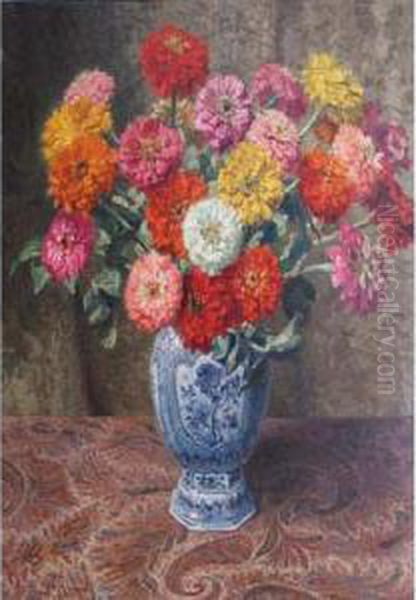Zinnias Oil Painting by Oswald Poreau
