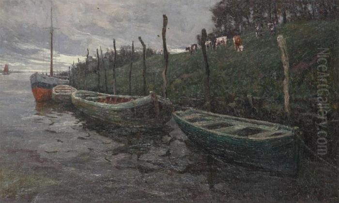 ````````soir Gris Au Bord De L````````escaut```````` Oil Painting by Oswald Poreau
