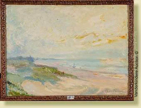 Plage Animee Oil Painting by Oswald Poreau