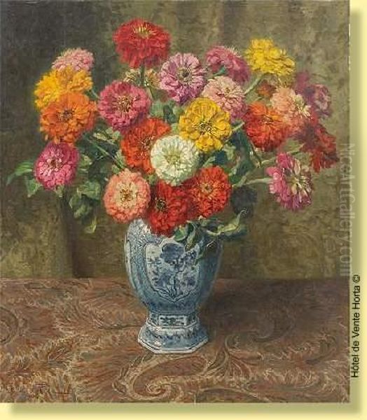 Vase Fleuri De Zinnias Oil Painting by Oswald Poreau