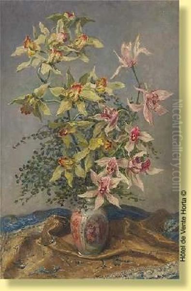 Vase Fleuri D'orchidees Oil Painting by Oswald Poreau