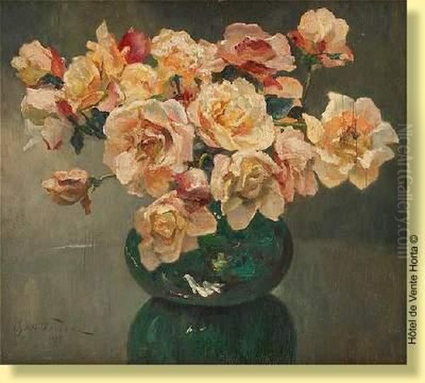 Vase Fleuri De Roses Oil Painting by Oswald Poreau