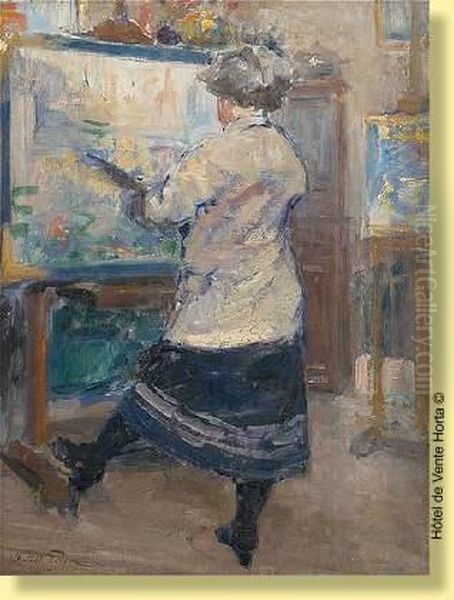 L'artiste Peintre A Son Chevalet Oil Painting by Oswald Poreau