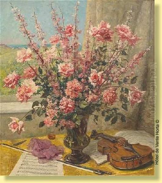 Composition Au Violon Et Vase Fleuri Oil Painting by Oswald Poreau