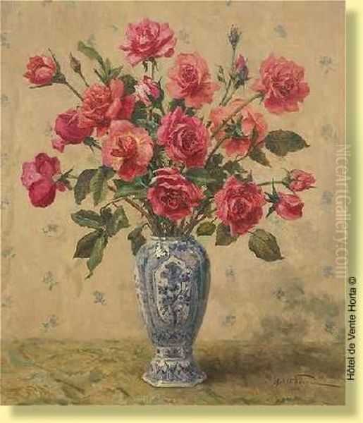 Vase Fleuri De Roses Oil Painting by Oswald Poreau