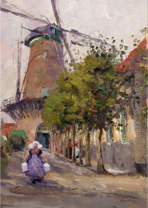 A View Of A Windmill, Goes Oil Painting by Oswald Poreau