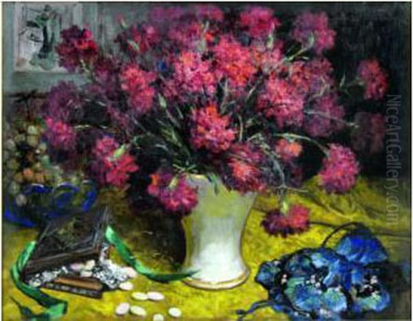 Bouquet D'oeillets Sur Un Entablement Oil Painting by Oswald Poreau