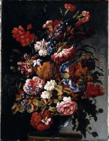 A Still Life Of Poppies, 
Convolvulus, Roses, Fritillaries, Nasturtiums And Jasmine In A Glass 
Vase, Resting On A Stone Ledge Oil Painting by Paolo Porpora