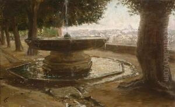 Rom - Springbrunnen Auf Dem Monte
 Pincio. Oil Painting by Felix Possart