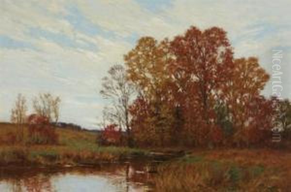 River In An Autumn Landscape Oil Painting by William Merritt Post