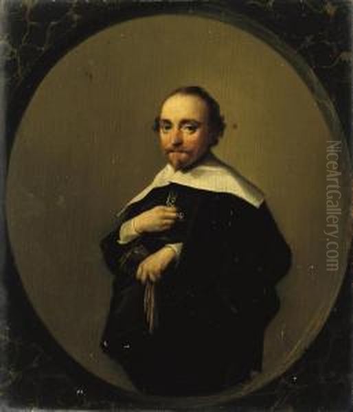 Portrait Of A Gentleman, 
Three-quarter-length, In A Black Costumewith A White Collar, Holding His
 Gloves, In A Painted Oval Oil Painting by Hendrick Gerritsz. Pot