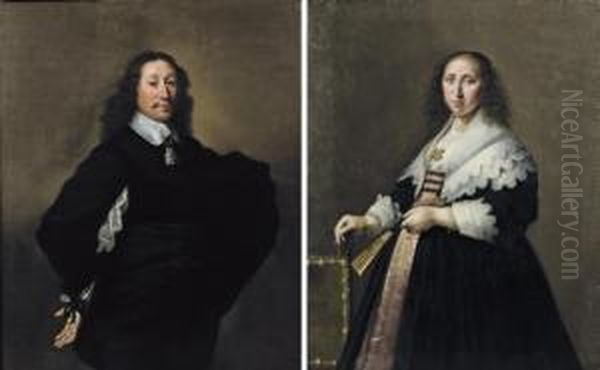 Portrait Of A Gentleman, 
Three-quarter-length, In A Black Costume With A White Chemise And 
Collar; And Portrait Of A Lady, Three-quarter-length, In A Pink 
Embroidered Dress And Black Coat With White Cuffs And Collar Standing By
 A Chair Holding A F Oil Painting by Hendrick Gerritsz. Pot