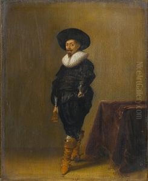 Portrait Of A Gentleman, 
Standing Small-full-length, In Black Costume With A White Ruff And Black
 Hat, Holding A Pair Of Gloves, Before A Draped Table Oil Painting by Hendrick Gerritsz. Pot
