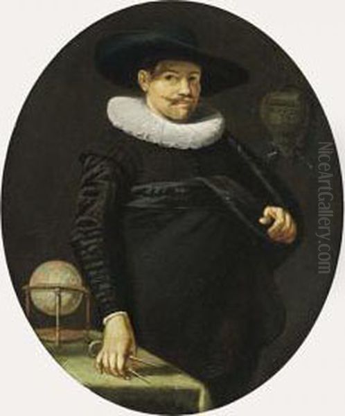 A Portrait Of A Geographer, Aged
 34, Standing Three-quarter Length, Wearing A Black Satin Suit With A 
White Lace Collar And A Black Hat, A Table With A Globe On The Left Oil Painting by Hendrick Gerritsz. Pot