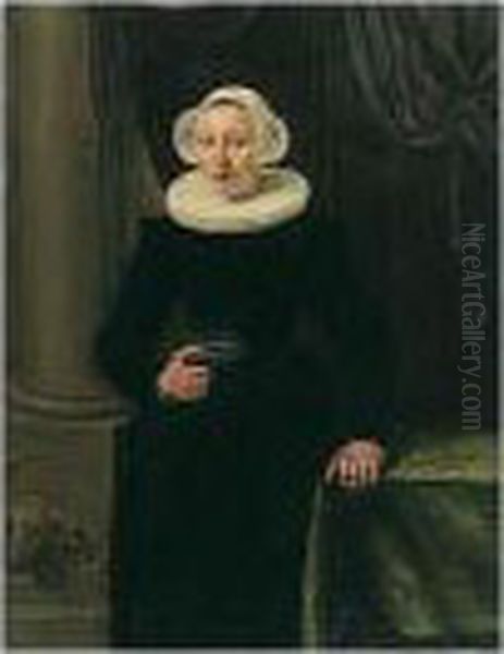 Portrait Of A Lady, Three 
Quarter Length, Standing Before A Draped Curtain By A Table And Holding A
 Book In Her Right Hand Oil Painting by Hendrick Gerritsz. Pot