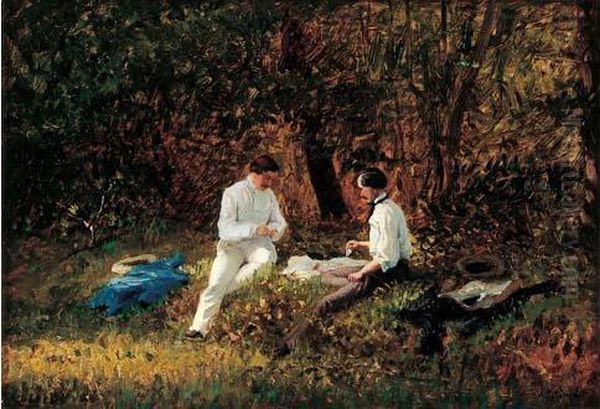 < La Partie De Cartes >. Oil Painting by Adolphe Martial Potemont