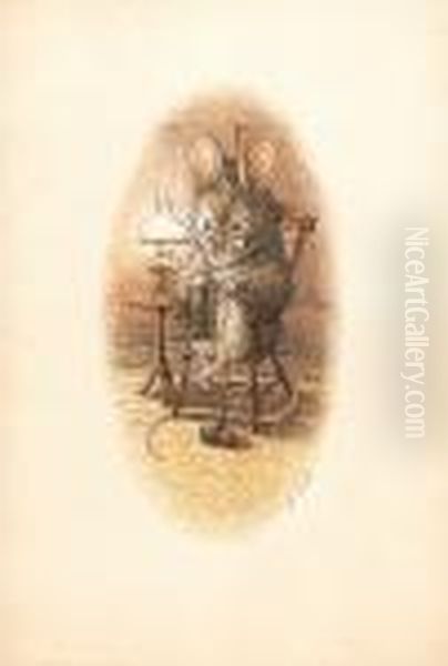 A Mouse Seated In An Armchair, 
Knitting With Two Balls Of Wool, Beside A Table On Which Stands A Gas 
Lamp Oil Painting by Helen Beatrix Potter