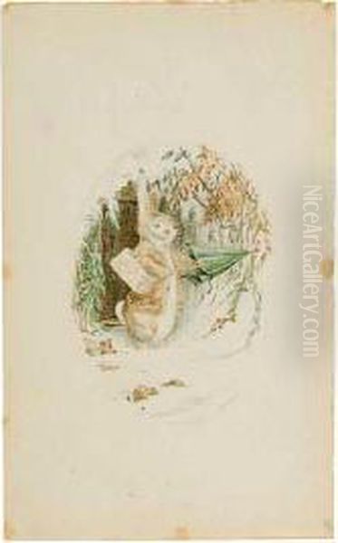 A Rabbit Stepping From His 
Doorway Into The Snow, Basket On Arm, Beginning To Unfurl A Green 
Umbrella. Oil Painting by Helen Beatrix Potter