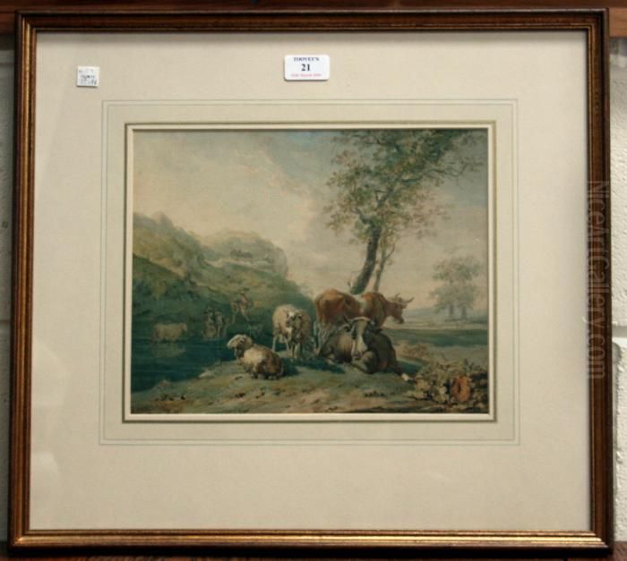Cows And Sheep Near Figures And A Pool Of Water In A Landscape Oil Painting by Paulus Potter
