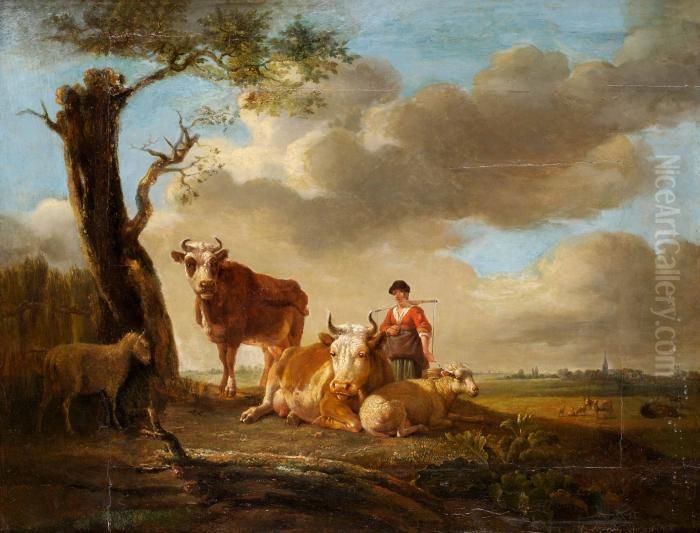 Pastoralt Landskap Med Kreatur Och Mjolk Oil Painting by Paulus Potter
