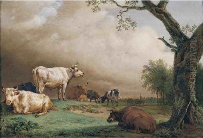 Cattle In A Field, With 
Travellers In A Wagon On A Track Beyond And A Church Tower In The 
Distance, A Rain Storm Approaching Oil Painting by Paulus Potter