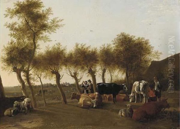 A Landscape With A Milkmaid And A
 Herder With Cows And Sheep, An Elegant Couple On A Tree-lined Path 
Beyond Oil Painting by Paulus Potter