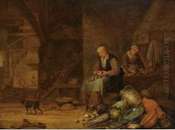 A Barn Interior With A Woman 
Peeling Onions And Another Woman Cleaning, A Still Life Of Pots, A 
Copper Jug And Plates, Cabbages, Onions And Fish In The Foreground, A 
Dog To The Left Oil Painting by Pieter Symonsz Potter