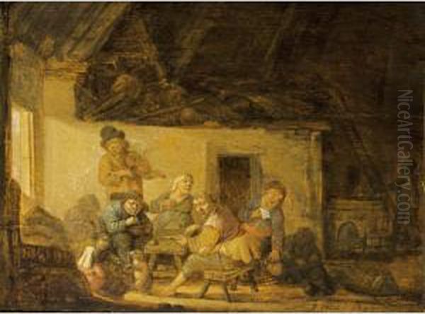 A Barn Interior With Peasants 
Singing And Smoking Around A Table Together With A Violin Player, And A 
Child Playing With A Dog Oil Painting by Pieter Symonsz Potter