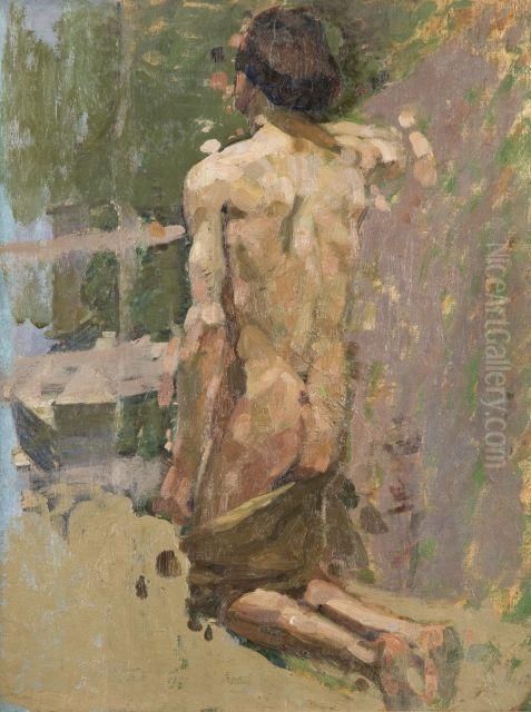 Etude De Nu De Dos Agenouille Oil Painting by Eugene Robert Pougheon