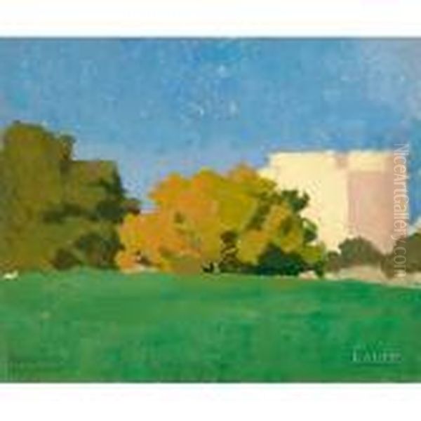 Blick Auf Einen Hugel In Einem Park Mit Einem Weisenkubusformigen Gebaude Im Hintergrund Oil Painting by Eugene Robert Pougheon