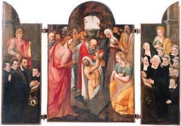 A Triptych: The Raising Of 
Lazarus On The Central Compartment Witha Kneeling Male Donor, Presented 
By Saint Jacob And Accompanied Byhis Sons On The Left Wing, His Wife, 
Kneeling, Presented By Saintcatherine And Accompanied By Her Daughters 
On The  Oil Painting by Frans Pourbus