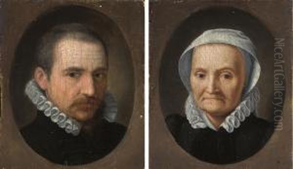 Portrait Of A Gentleman, 
Bust-length, In A Black Doublet And Whiteruff, In A Feigned Oval; And 
Portrait Of A Lady, Bust Length, In Ablack Dress And White Ruff And Cap,
 In A Feigned Oval Oil Painting by Frans Pourbus the younger