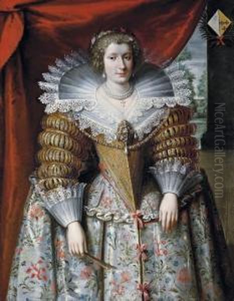 Portrait Of A Noblewoman, 
Three-quarter-length, In A Richly Gold-embroidered Dress And A Jewelled 
Brooch, A Garden Beyond Oil Painting by Frans Pourbus the younger
