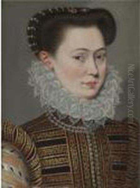 Portrait Of A Lady, Head And 
Shoulders, Wearing An Elaborate Ruff And A Gold Embroidered Dress Oil Painting by Frans Pourbus the younger