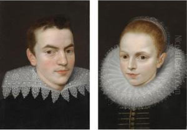 Portrait Of A Young Gentleman, 
Head And Shoulders, Wearing Black With An Elborate Ruff; Portrait Of A 
Young Lady, Head And Shoulders, Wearing A Black Dress With An Elborate 
Ruff Oil Painting by Frans Pourbus the younger