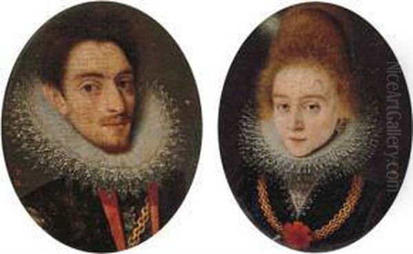 Portrait Of A Gentleman, 
Bust-length, In A Black Doublet With A Lace Ruff, And Wearing A Gold 
Chain; And Portrait Of A Lady, Bust-length, In A Black Dress With A Lace
 Trimmed Collar And Ruff And A Gold Chain With A Red Rosette Oil Painting by Frans Pourbus the younger