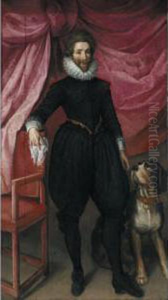 Portrait Of A Nobleman, Full 
Length, In Black Doublet And Hose With A White Ruff, Holding A Lace 
Handkerchief In His Right Hand, His Hound At His Side Oil Painting by Frans Pourbus the younger