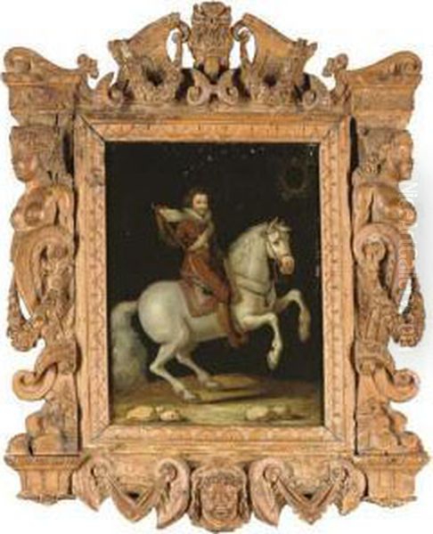 An Equestrian Portrait Of A 
Nobleman, Possibly The Duc De Joyeuse,in Armour With The Ribbon And Star
 Of The Order Of Thesaint-esprit, A Marshal's Baton In His Right Hand Oil Painting by Frans Pourbus the younger