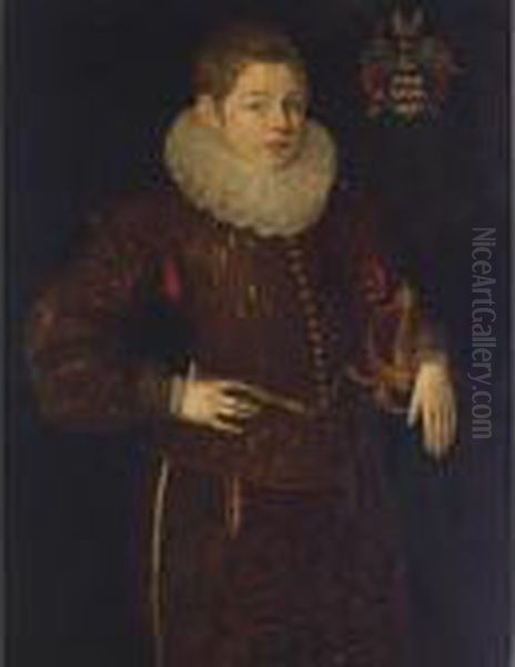 A Portrait Of Othon D'arckel, 
Aged 10, Standing Three-quarter Length, Wearing A Red Suit With A White 
Lace Collar, Holding A Sword Oil Painting by Frans Pourbus the younger