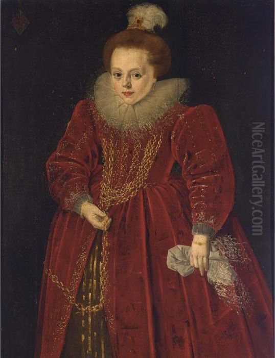 A Portrait Of Catherine 
D'arckel, Aged 8, Standing Three-quarter Length, Wearing A Red Dress 
With A White Lace Collar, A Feather Bonnet And A Golden Chain, Holding A
 White Handkerchief In Her Left Hand Oil Painting by Frans Pourbus the younger
