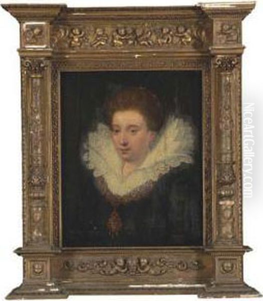 Portrait Of A Lady, Bust-length,
 With A White Lace Collar And Anelaborate Jewelled Necklace Oil Painting by Frans Pourbus the younger