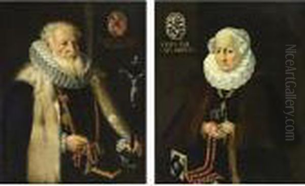 A Portrait Of His Wife, Said To 
Be The Vicomtesse D'amphernet, At The Age Of 64, Standing Half-length, 
Wearing A Fur-trimmed Black Dress With A Lace Collar And Headdress, 
Together With Gold Jewellery And A Coral Rosary, Holding Gloves In Her 
Hands Oil Painting by Frans Pourbus the younger