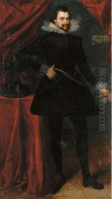 Portrait Of Ernst Markgraf Von 
Brandenburg, Full-length, In Blackdoublet And Hose With A White Ruff, 
Before A Red Curtain Oil Painting by Frans Pourbus the younger