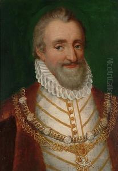 Portrait Of Henri Iv Of France, 
Bust-length, In A Gold And White Doublet And A White Rough Oil Painting by Frans Pourbus the younger
